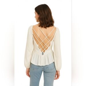 Anthropologie Forever That Girl Cream Peplum Long Sleeve Strappy Back Size 6